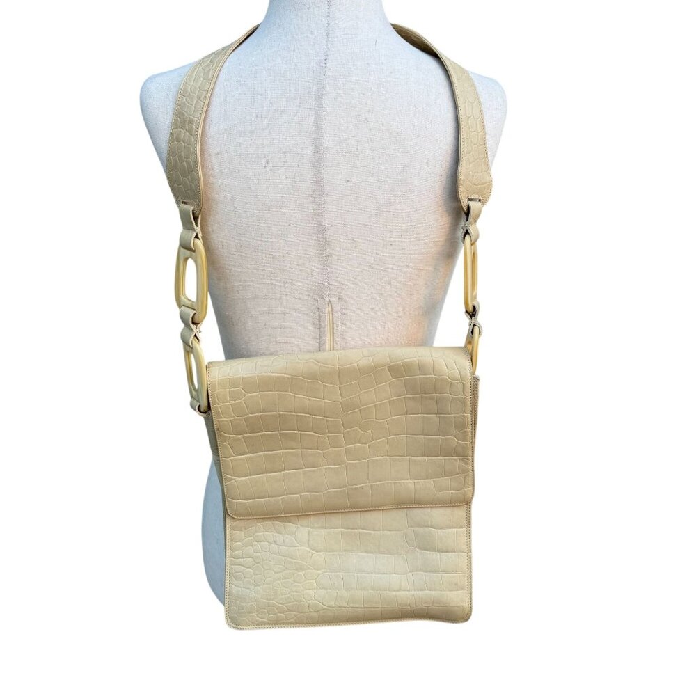 Maraolo‎ Vintage Cream Croc Embossed Leather Crossbody Bag Made Italy Resin Link